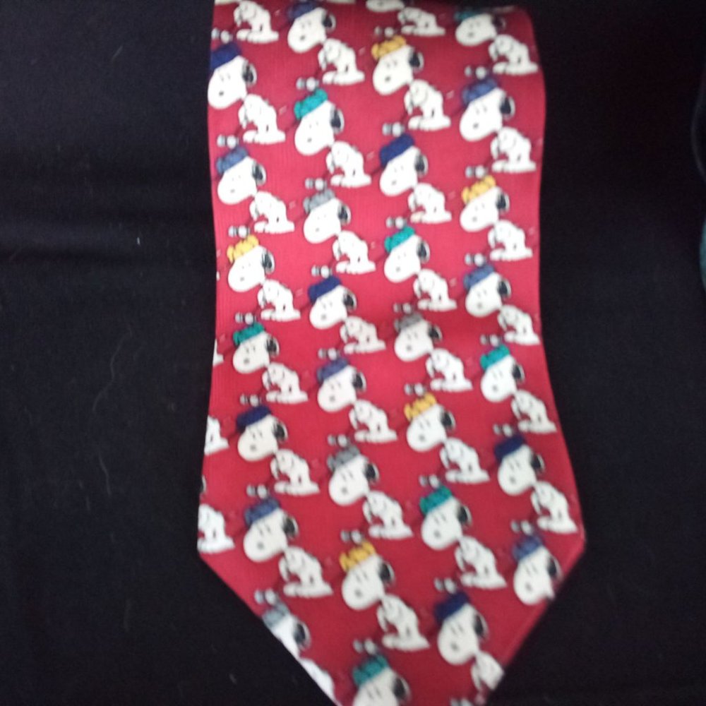 Tie, Peanuts Golf SNOOPY GOLFER Woodstock Green Tan Red Silk USA